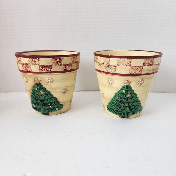 3D Christmas Tree Flower Pot 4.25" X 4.25"  Snowflakes Checker Trim Vtg Set of 2 - Picture 1 of 16